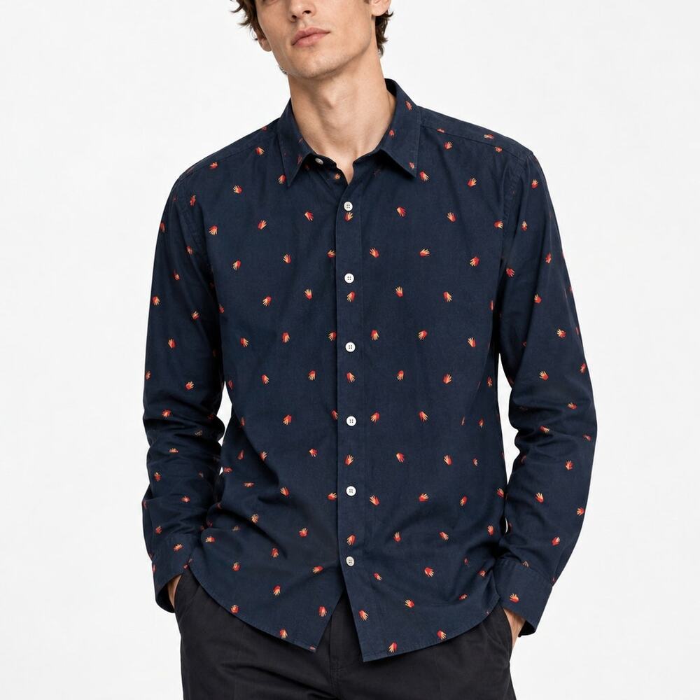 Paul Smith Tailored fit button up Shirt Navy hand all-over print XL